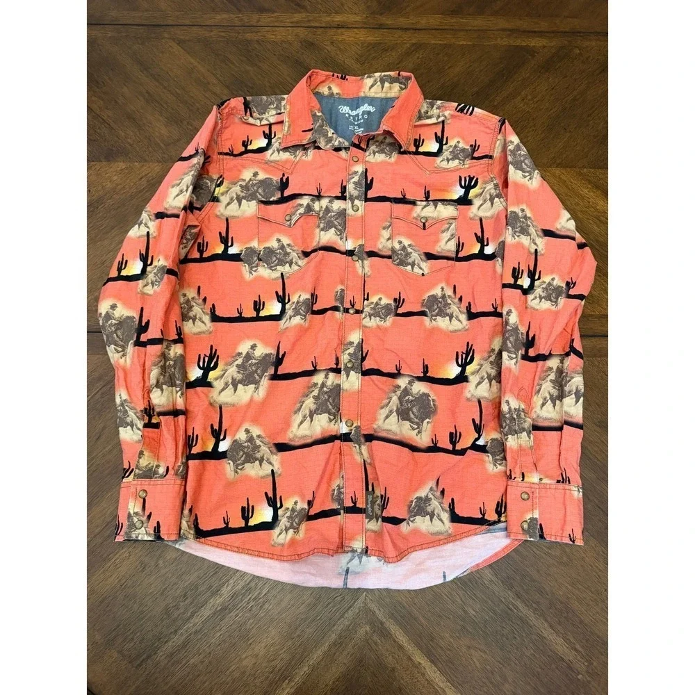 Wrangler Retro Premium‎ Mens XXL Desert Cowboy Cactus Print Western Snap Shirt